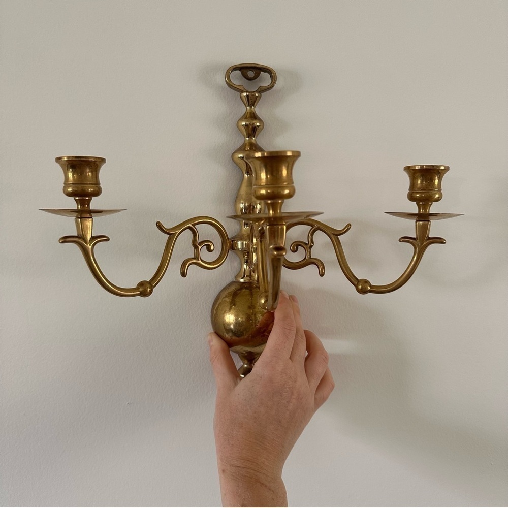 Vintage Solid Brass Three Candle Holders Wall Mount 2 As Set
